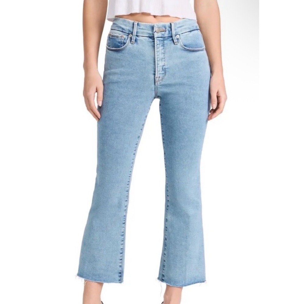 Good American Good Legs Crop Mini Boot Jeans 2 26 Light Wash Raw Hem Kick Flare